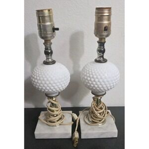 2pc Hobnail Lamp White Milk Glass Vintage Electric Long Cord MCM Marble Base EUC